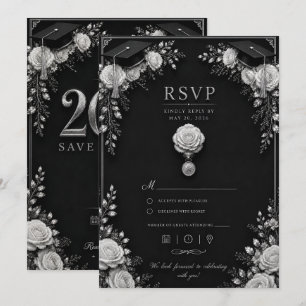 Cartão de Formatura Preto Prata 2026 com RSVP