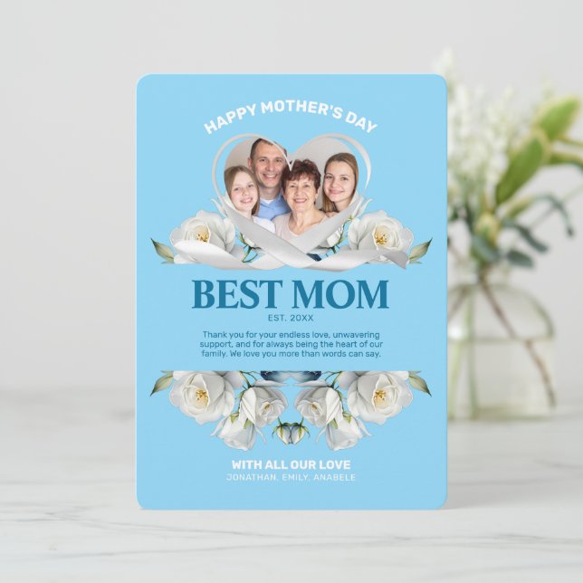 Cartão de Foto Branca para o Dia da Mãe Personaliz (Em pé/Frente)