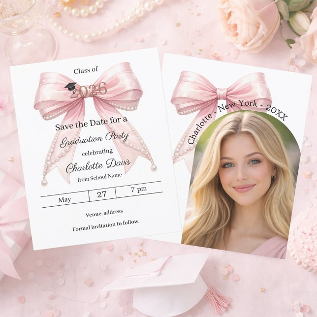 Cartão de foto com laço rosa para festa de formatu (Criador carregado)