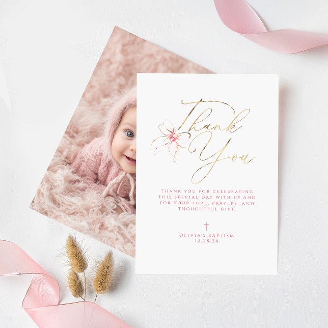 Cartão de Foto de Agradecimento de Batismo com Laç (Pink Bow Baptism Thank You Photo Card)