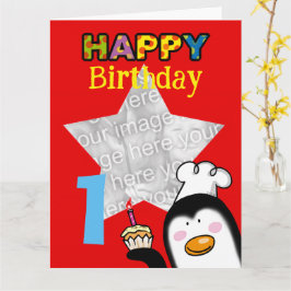 Cartão de Foto de Aniversário de 1 Ano do Pinguim