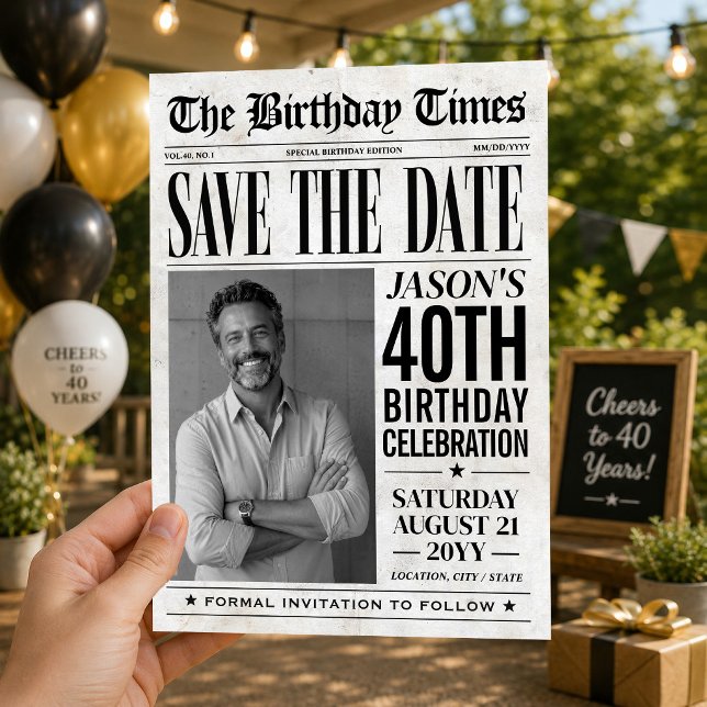 Cartão de Foto de Anúncio de Data de Aniversário P (Custom Birthday Newspaper Save the Date Photo Card)