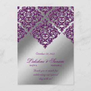 Cartão de Foto de Convite Damask Prata Roxo Brilho