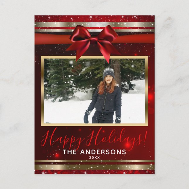 Cartão de Foto de Férias com Lantejoulas Douradas  (Frente)