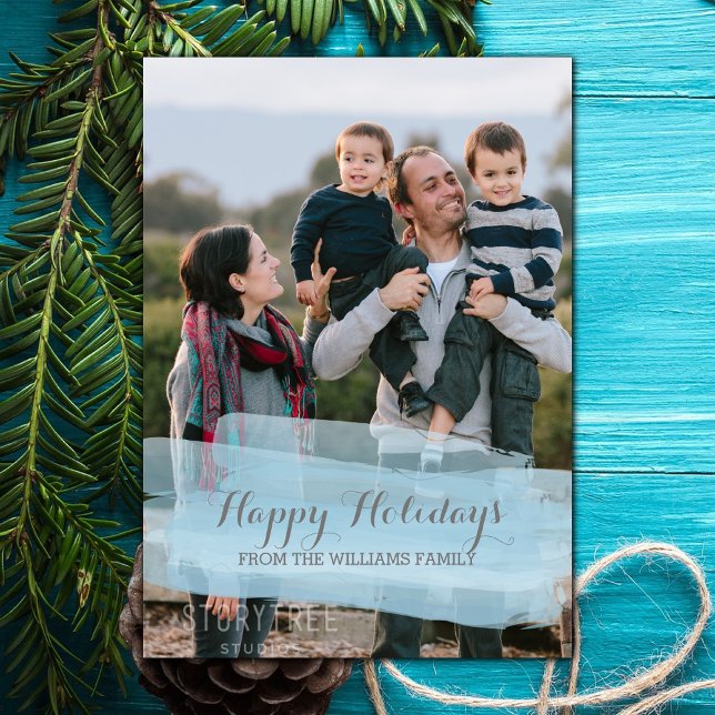 Cartão de Foto de Férias com Pincelada de Aquarela (Blue Watercolor Brushstroke Holiday Photo Card)