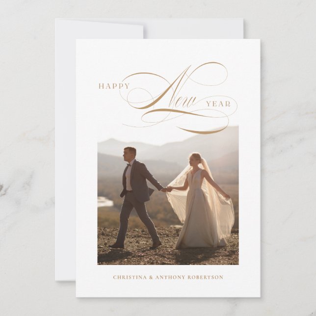 Cartão de Foto de Férias com Rótulo de Ano Novo Fe (Frente)