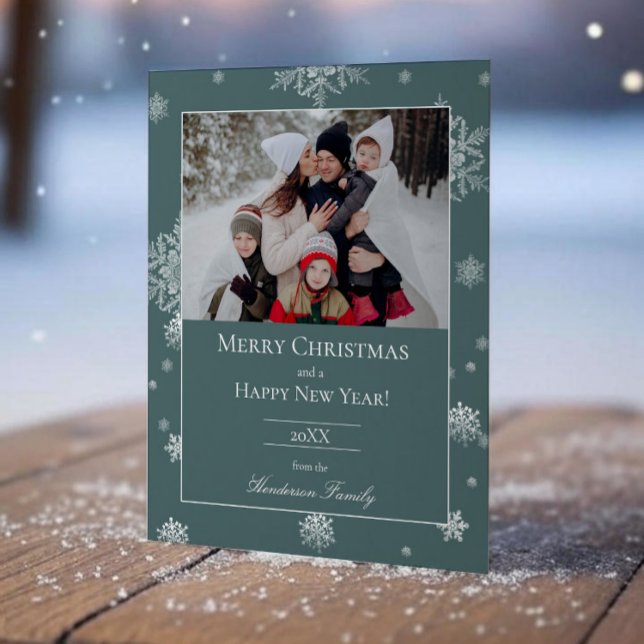 Cartão de Foto de Férias Planas de Flocos de Neve  (Teal Modern Snowflakes Holiday Photo Card)