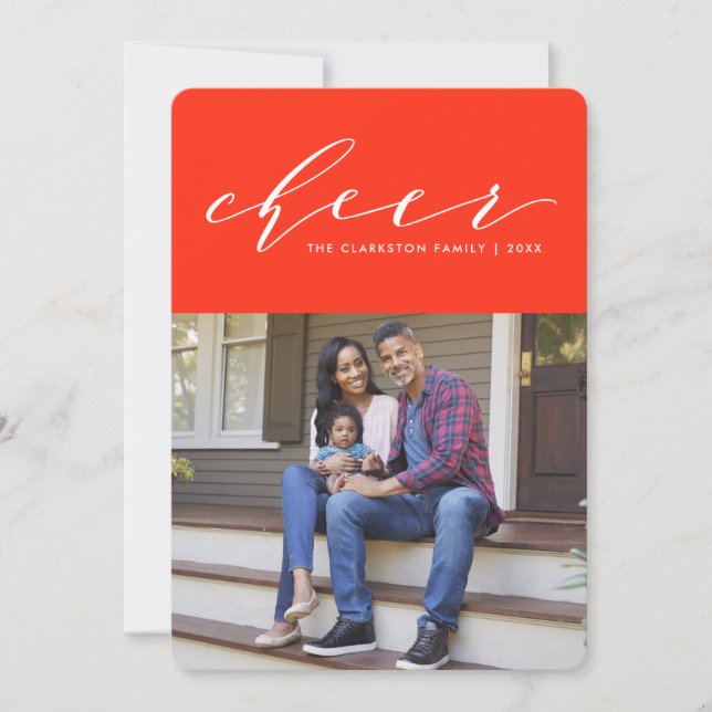 Cartão de foto de férias vermelho de script divert (Frente)