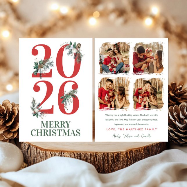 Cartão de Foto de Natal Clássico de 2026 com Folha (Criador carregado)