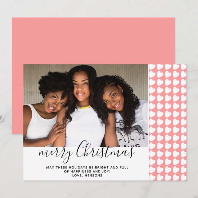 Cartão de Foto de Natal com Coração Branco Rosa (Frente/Verso)