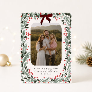 Cartão de Foto de Natal com Verde Água e Laço Verm