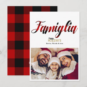 Cartão de Foto de Natal da Família com Xadrez Verm