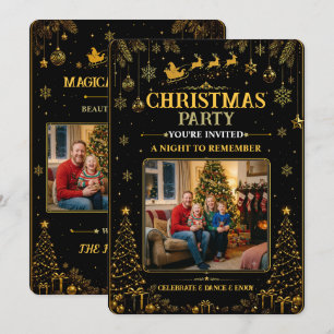 Cartão de Foto de Natal Elegante Preto e Dourado d