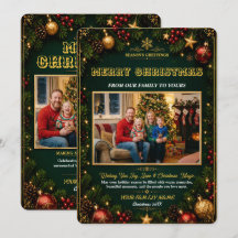Cartão de Foto de Natal Elegante Verde Dourado