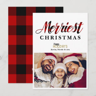 Cartão de Foto de Natal Mais Alegre Xadrez Vermelh