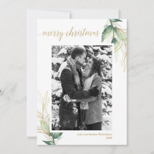 Cartão de foto de Natal moderno dourado com verde 