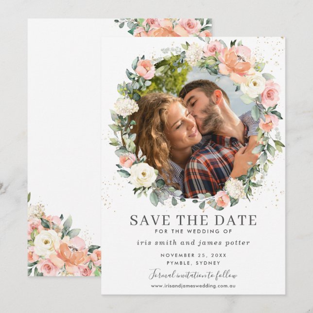 Cartão de Foto de Peach Ivory Pink Floral para Sal (Frente/Verso)