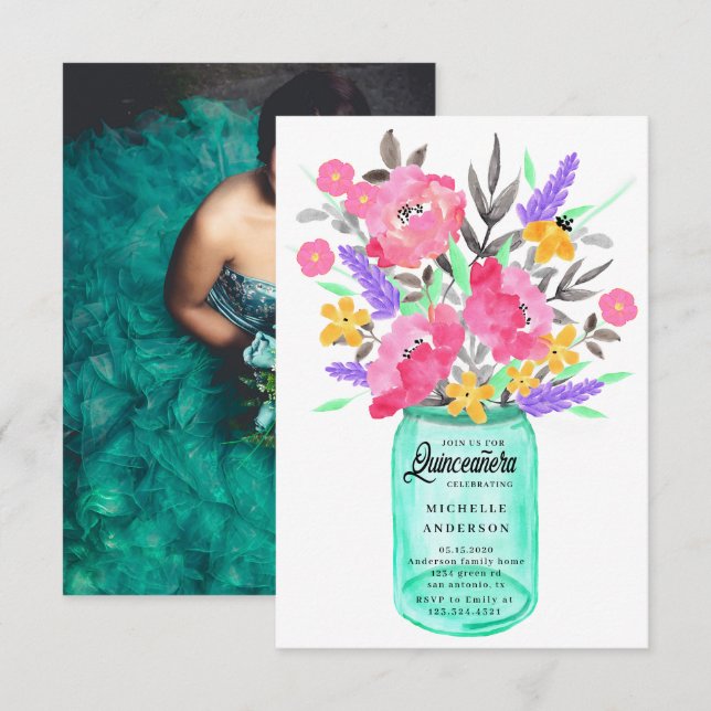 Cartão de Foto de Quinceanera com Buquê Floral em  (Frente/Verso)