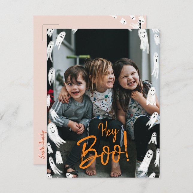Cartão de Foto do Fantasma do Hey Boo Halloween (Frente/Verso)