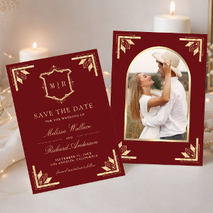 Cartão de Foto Monograma Gold Crest Casamento Verm