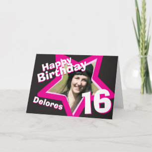 cartão de foto personalizado rosa de 16º aniversár