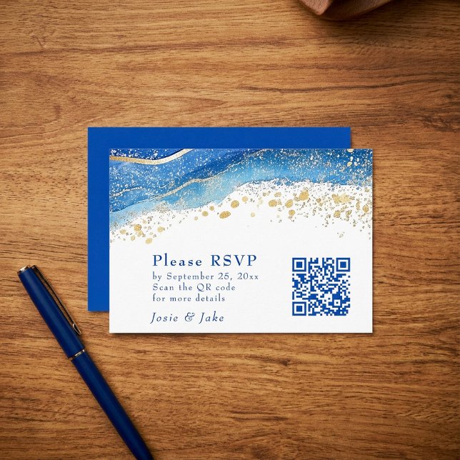 Cartão de gabinete de código QR de cor aquática az (Blue and Gold Watercolor QR code Enclosure Card.)