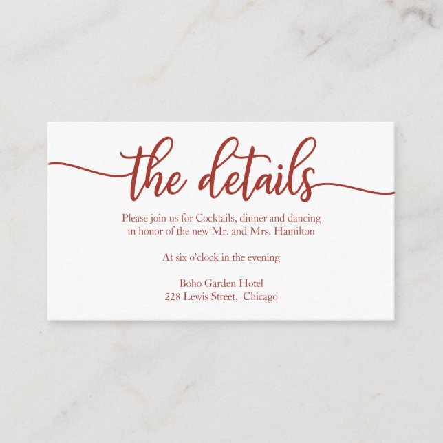 Cartão de Gabinete de Detalhes de Casamento de Cal (Frente)