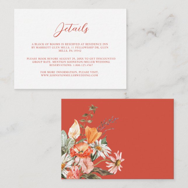 Cartão de Gabinete de Detalhes de Casamento Floral (Frente/Verso)