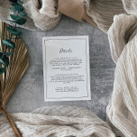 Cartão de Gabinete de Detalhes de Casamento Minima<br><div class="desc">Este cartão de cerimônia de detalhes de casamento minimalista é perfeito para um casamento simples. A design romântica moderna apresenta a tipografia clássica, em preto e branco, emparelhada com uma caligrafia rústica, mas elegante, com estilo voltado para a mão. Personalizável em qualquer cor. Mantenha o design simples e elegante, como...</div>