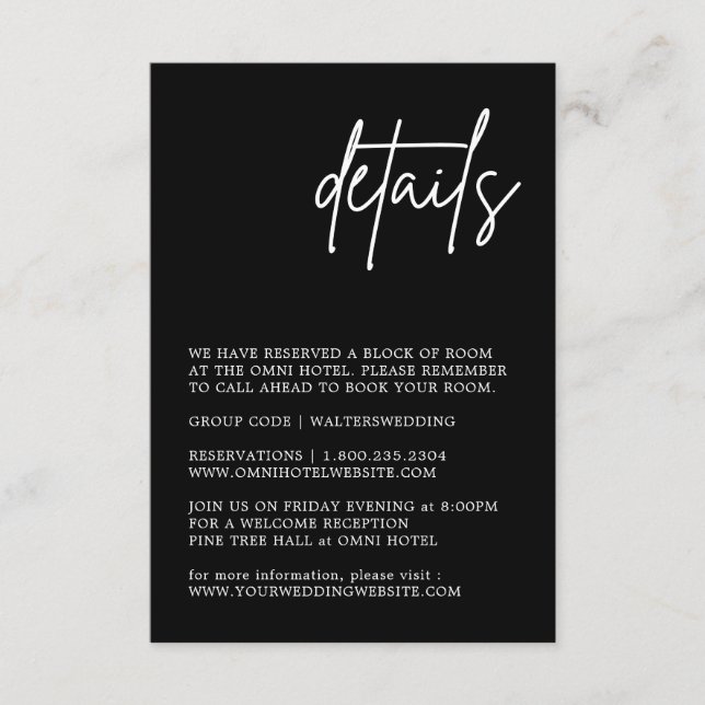 Cartão de Gabinete de Detalhes de Casamento Preto  (Frente)