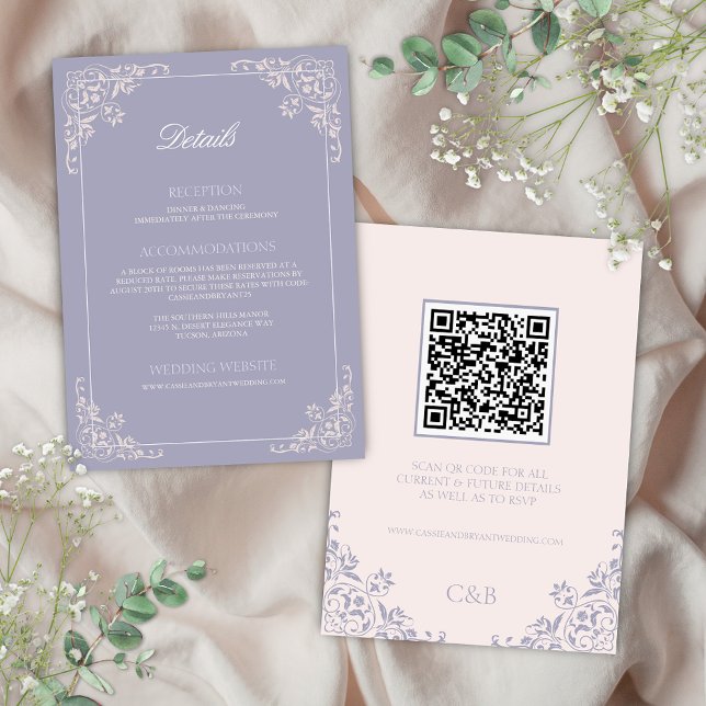 Cartão de Gabinete de Detalhes de Casamento QRCode (Elegant lavendar purple and blush pink french lilac theme wedding enclosure cards for qr code detail)
