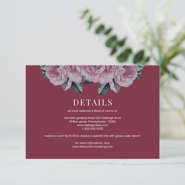 Cartão de Gabinete de Detalhes do Casamento Floral (Em pé/Frente)