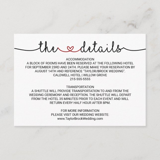 Cartão de Gabinete de Detalhes do Casamento Vermel (Frente)