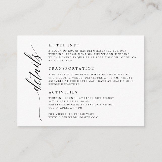 Cartão de Gabinete Detalhes de Casamento de Script (Frente)