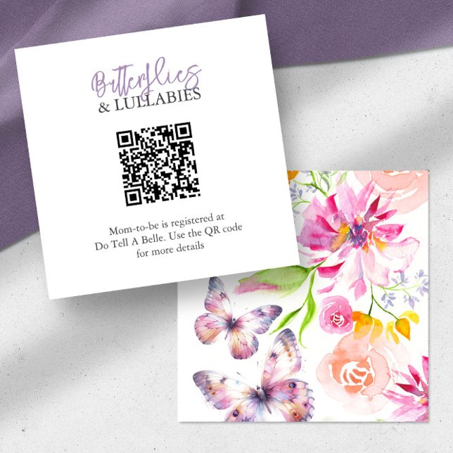 Cartão de gabinete do registro de borboletas e rol (Baby shower invitation insert card purple butterfly theme floral art by Victoria Grigaliunas)