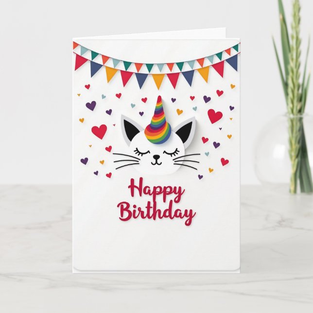 Cartão de Gato Arco-íris Festivo (Frente)