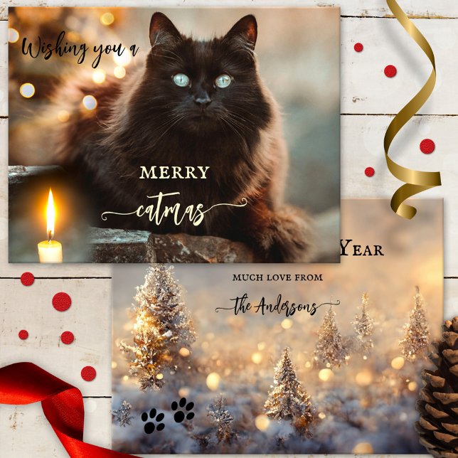 Cartão de Gato de Ano Novo Feliz de Natal Puro (Christmas and New Year holiday card featuring a beautiful cat with a candle and sparkling lights)