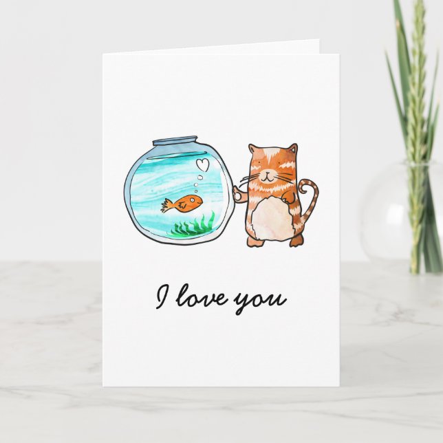 Cartão de gato e peixinho dourado apaixonados (Frente)