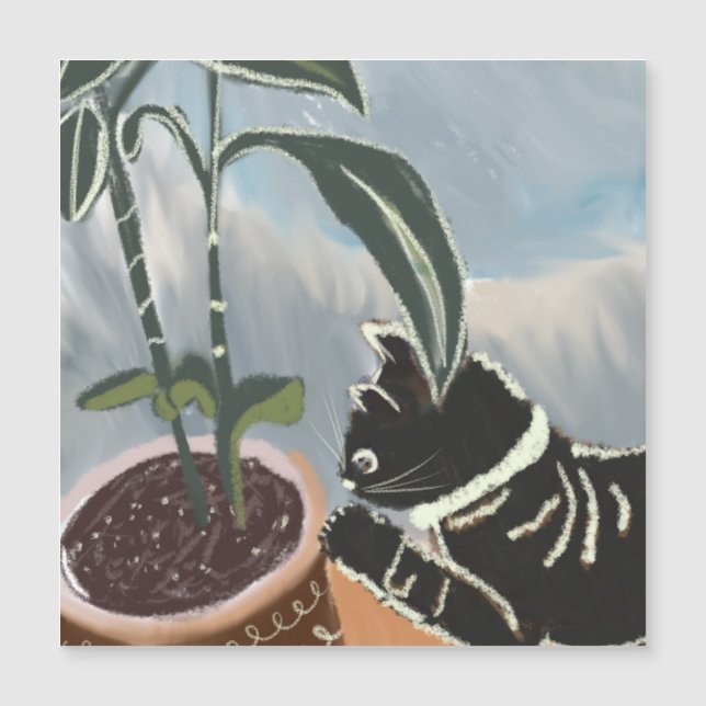 Cartão de Gato Observando Plantas de Casa (Frente)