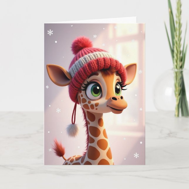 Cartão de Girafa de Natal com Chapéu (Frente)