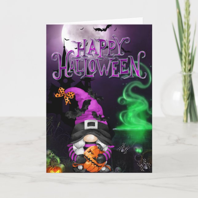 Cartão de Gnome de Bruxa Feliz Halloween (Frente)