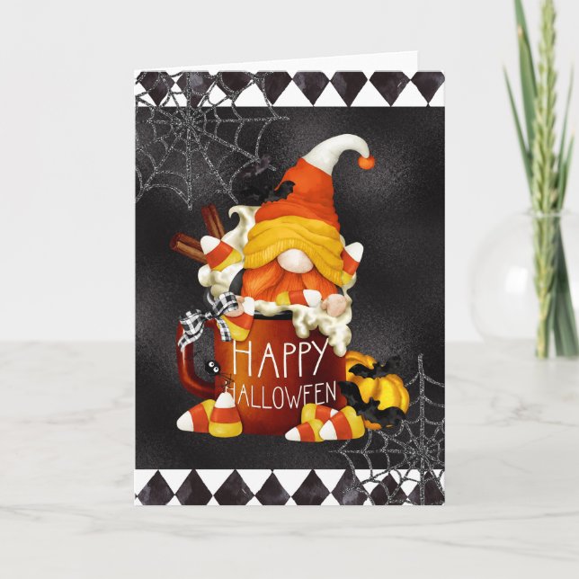 Cartão de Gnome de Halloween Feliz com Milho Doce (Frente)