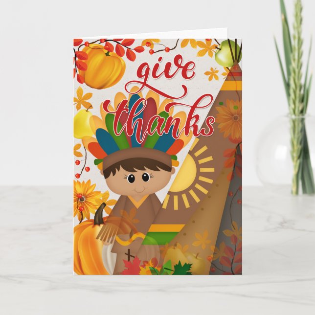 Cartão Dê Graças - Menino Nativo Americano & Tipi (Frente)
