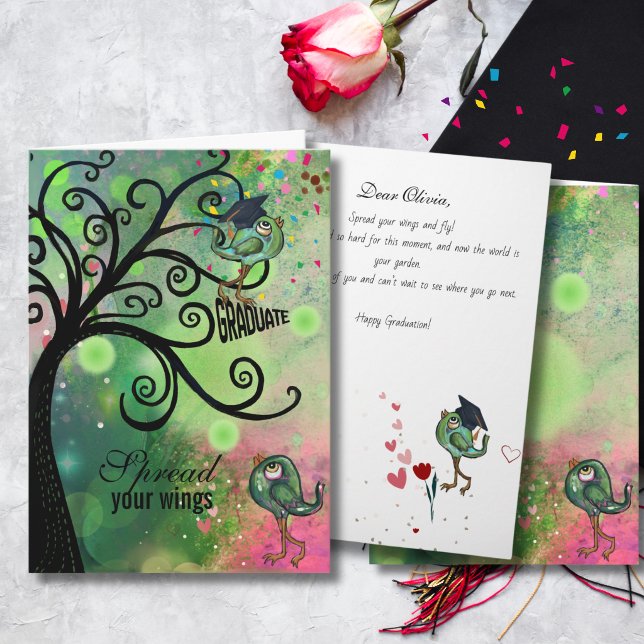 Cartão de Graduação da Árvore de Redemoinho Capric (Whimsical Swirl Tree Graduation Card with Birds)