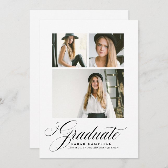 Cartão de Graduação de Colagem de Fotos PRETO / 3  (Frente/Verso)