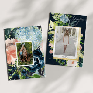 Cartão de Graduação de Fotos floral azul-claro