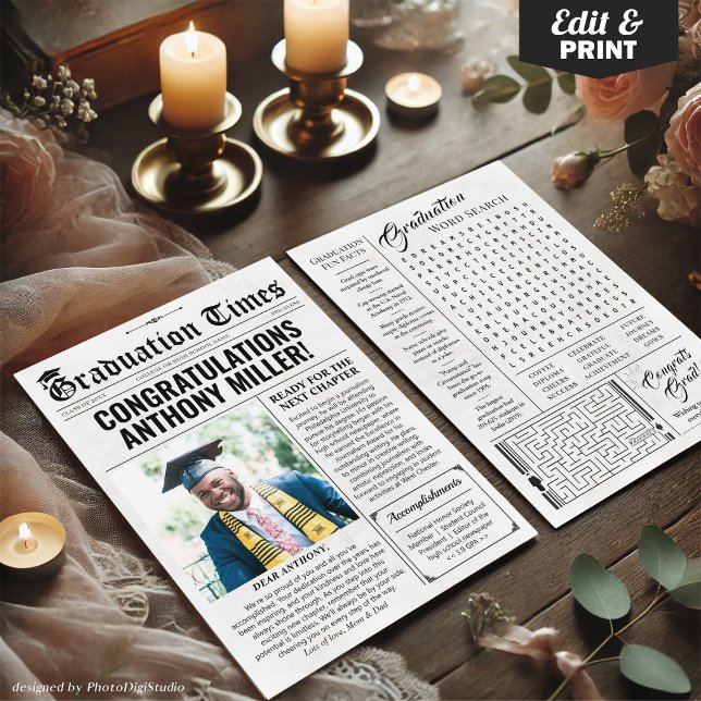 Cartão de Graduação Único de Jornal de Graduação P (Custom Graduation Newspaper, Graduation Announcement Card)