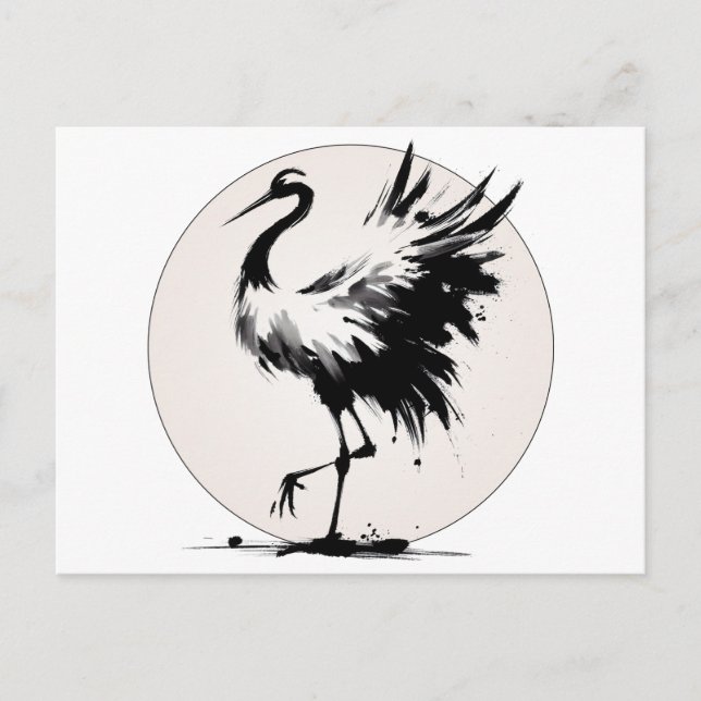 Cartão de Grou Sumi-e (Frente)