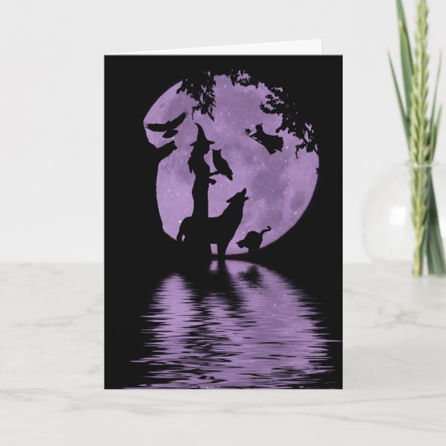 Cartão de Halloween com Bruxas, lobos, gatos preto (Frente)