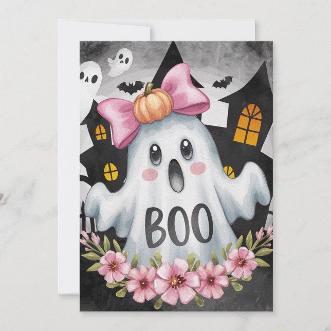 Cartão de Halloween com um fantasma de A kawaii (Frente)